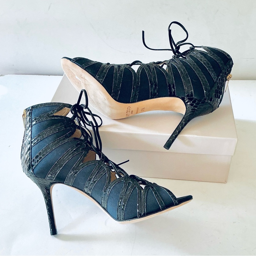 Jimmy Choo black and navy python trimmed heels 37.5
